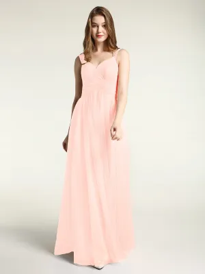 Cross-Pleated Tulle Long Dresses with Beaded Straps Pearl Pink