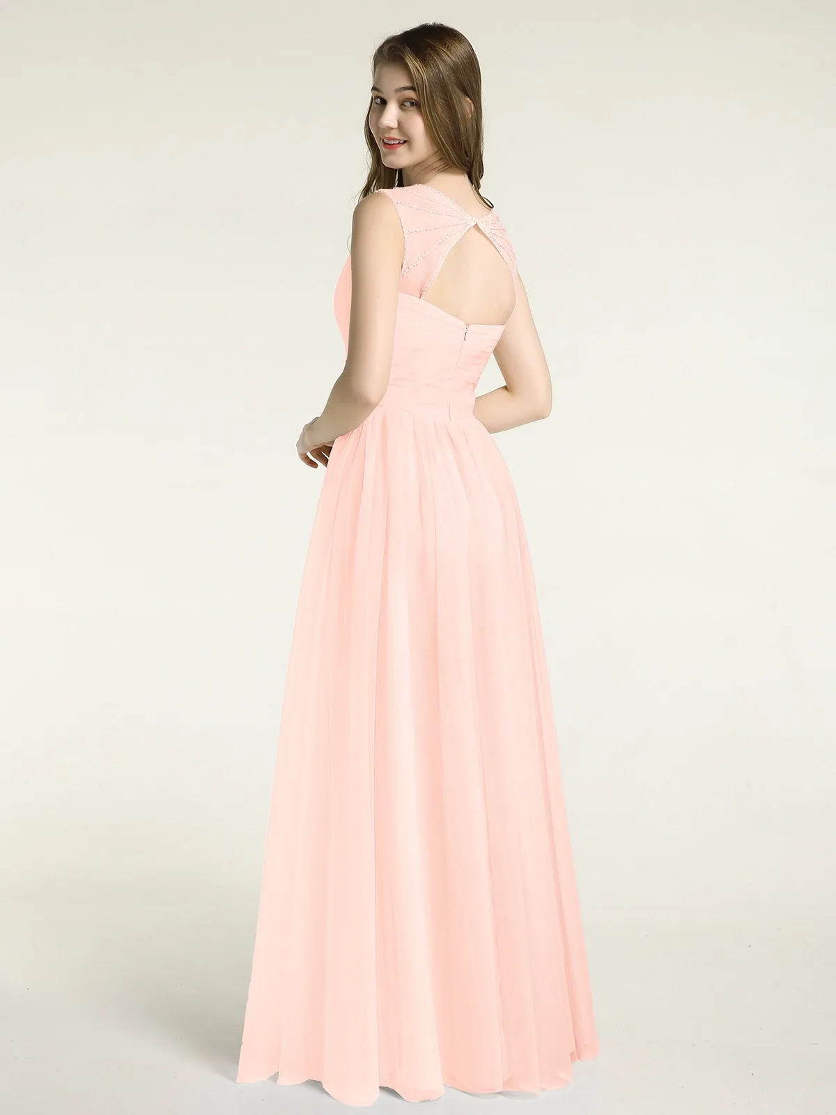 Cross-Pleated Tulle Long Dresses with Beaded Straps Pearl Pink