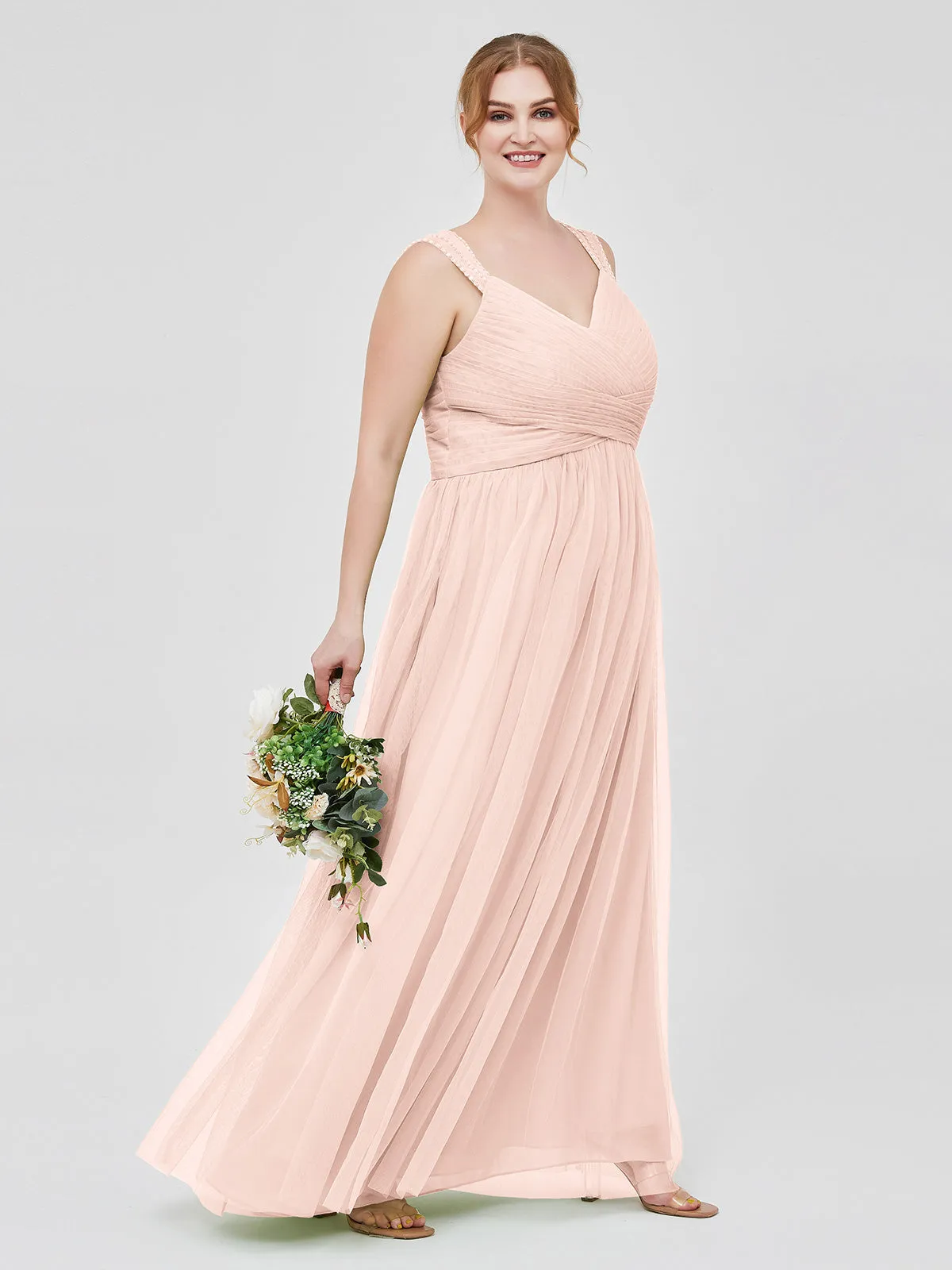 Cross-Pleated Tulle Long Dresses with Beaded Straps Pearl Pink