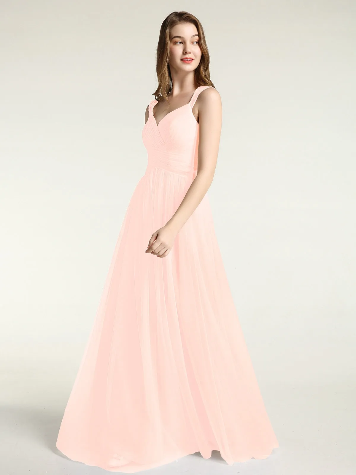 Cross-Pleated Tulle Long Dresses with Beaded Straps Pearl Pink