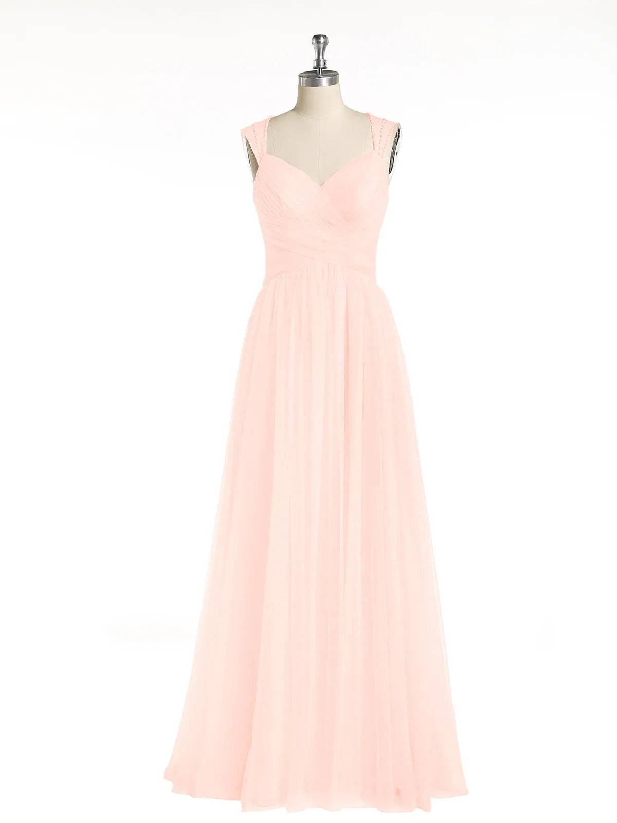 Cross-Pleated Tulle Long Dresses with Beaded Straps Pearl Pink