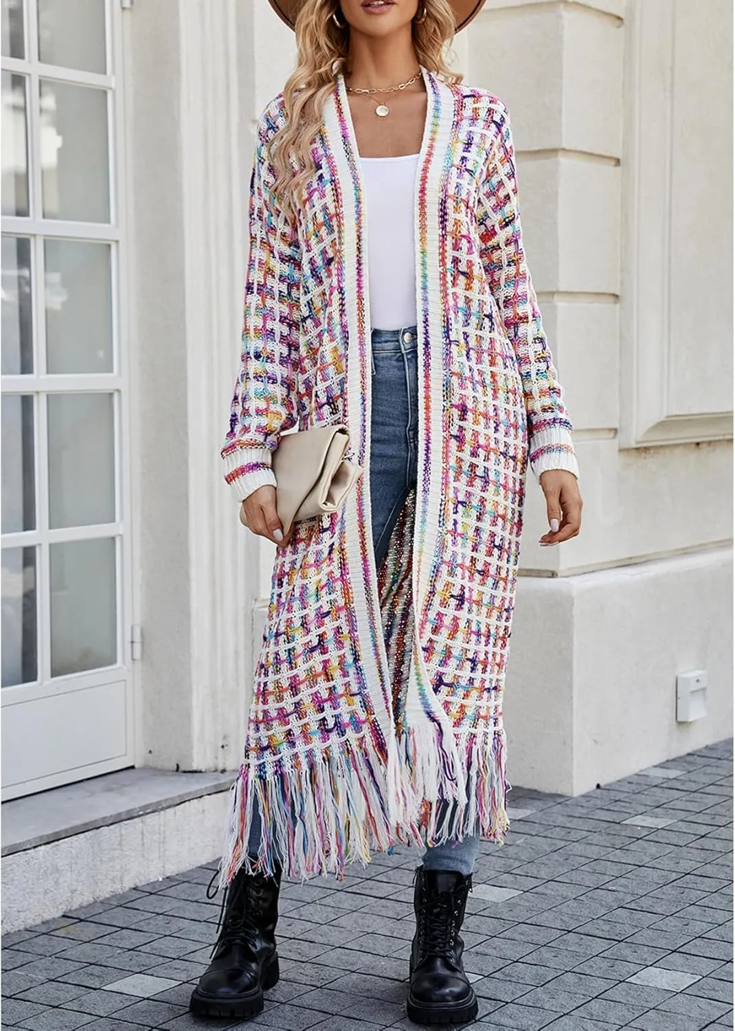 CXINS Women Boho Long Cardigan Sweater Long Sleeve Open Front Fringe Tassel Hem Colorful Rainbow Knit Maxi Sweaters Coat