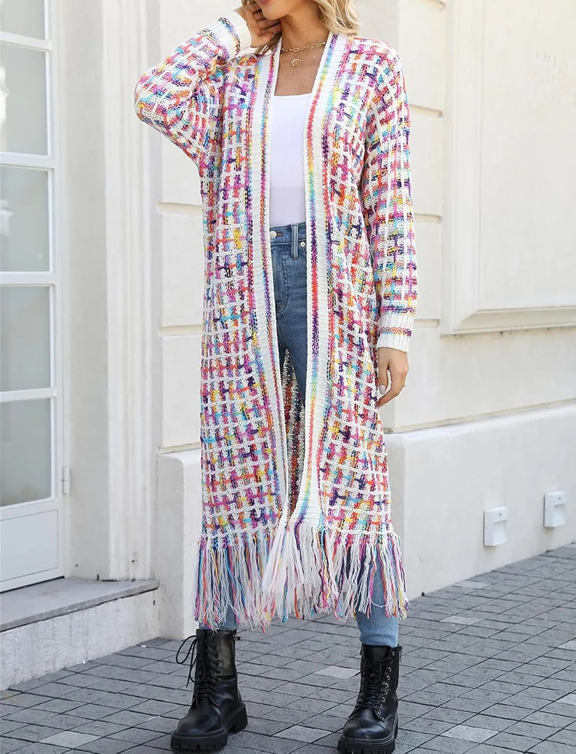 CXINS Women Boho Long Cardigan Sweater Long Sleeve Open Front Fringe Tassel Hem Colorful Rainbow Knit Maxi Sweaters Coat