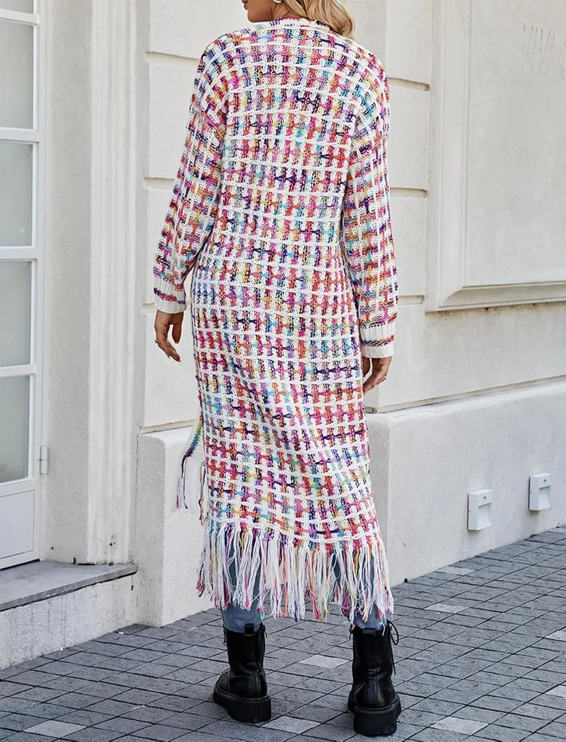 CXINS Women Boho Long Cardigan Sweater Long Sleeve Open Front Fringe Tassel Hem Colorful Rainbow Knit Maxi Sweaters Coat