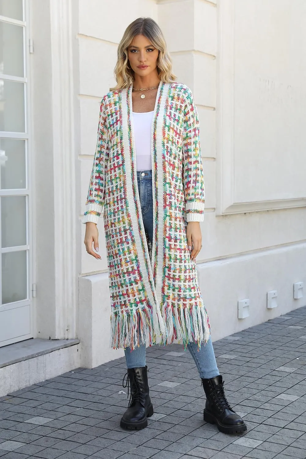 CXINS Women Boho Long Cardigan Sweater Long Sleeve Open Front Fringe Tassel Hem Colorful Rainbow Knit Maxi Sweaters Coat