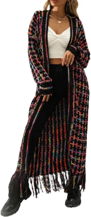 CXINS Women Boho Long Cardigan Sweater Long Sleeve Open Front Fringe Tassel Hem Colorful Rainbow Knit Maxi Sweaters Coat