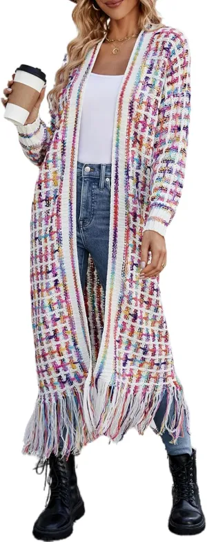 CXINS Women Boho Long Cardigan Sweater Long Sleeve Open Front Fringe Tassel Hem Colorful Rainbow Knit Maxi Sweaters Coat
