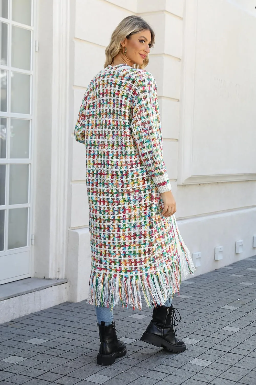 CXINS Women Boho Long Cardigan Sweater Long Sleeve Open Front Fringe Tassel Hem Colorful Rainbow Knit Maxi Sweaters Coat