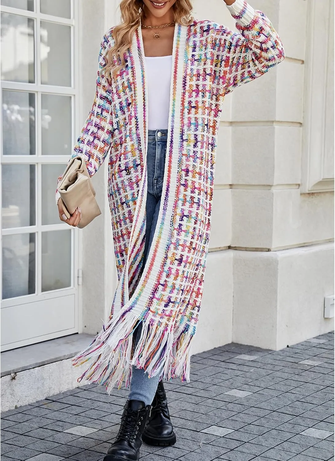CXINS Women Boho Long Cardigan Sweater Long Sleeve Open Front Fringe Tassel Hem Colorful Rainbow Knit Maxi Sweaters Coat
