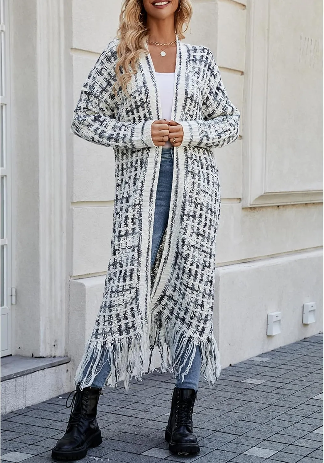 CXINS Women Boho Long Cardigan Sweater Long Sleeve Open Front Fringe Tassel Hem Colorful Rainbow Knit Maxi Sweaters Coat