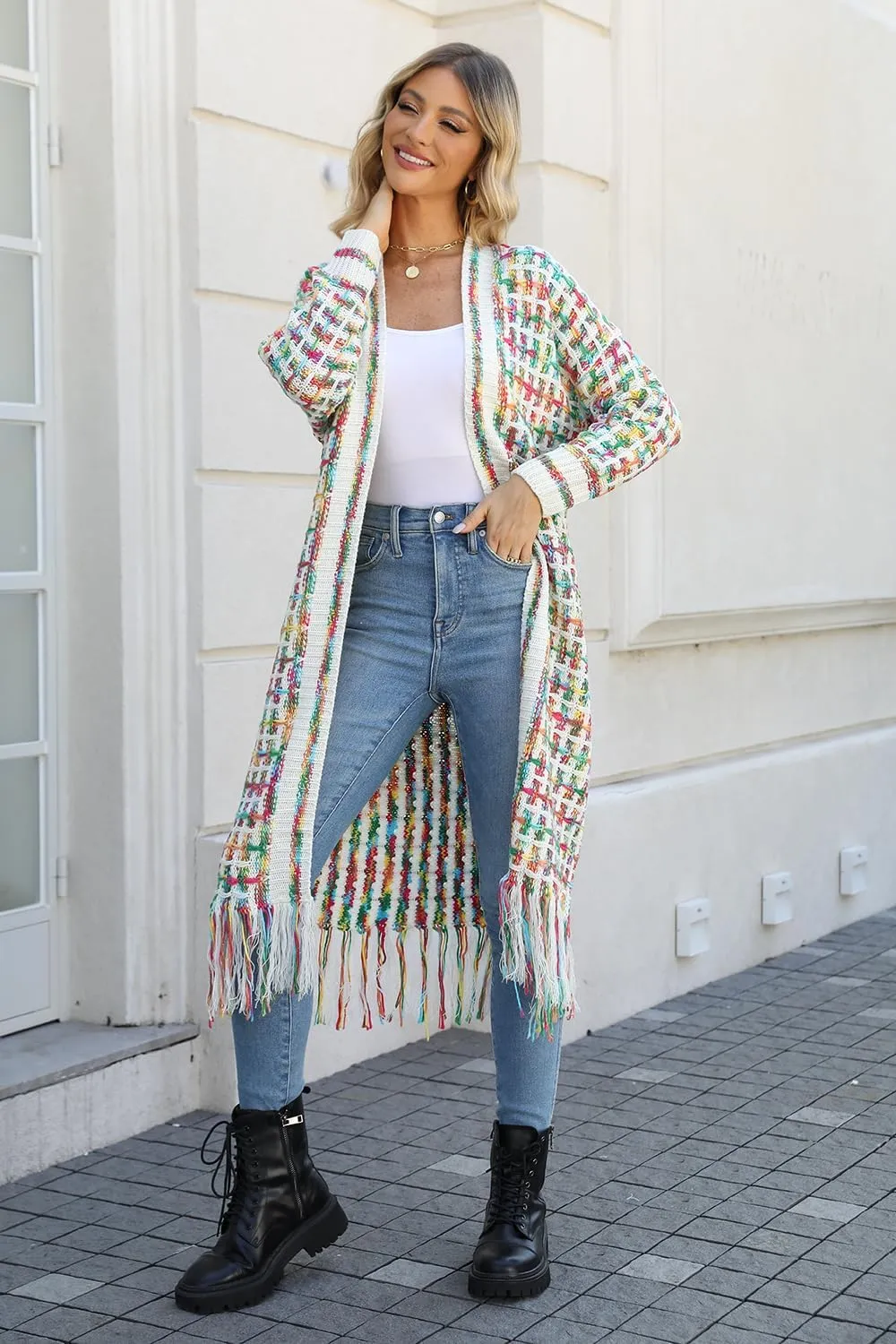 CXINS Women Boho Long Cardigan Sweater Long Sleeve Open Front Fringe Tassel Hem Colorful Rainbow Knit Maxi Sweaters Coat