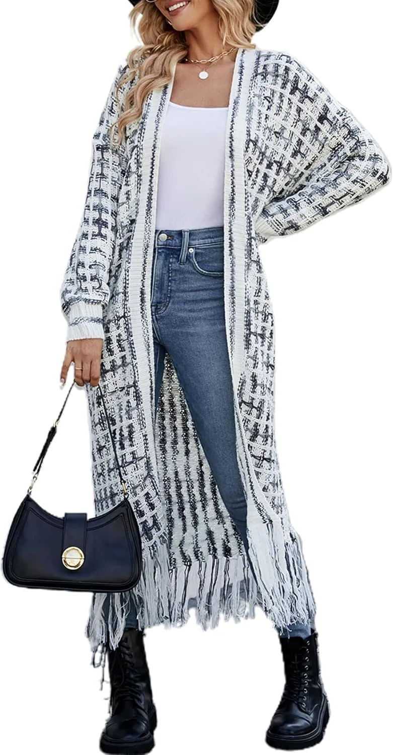 CXINS Women Boho Long Cardigan Sweater Long Sleeve Open Front Fringe Tassel Hem Colorful Rainbow Knit Maxi Sweaters Coat