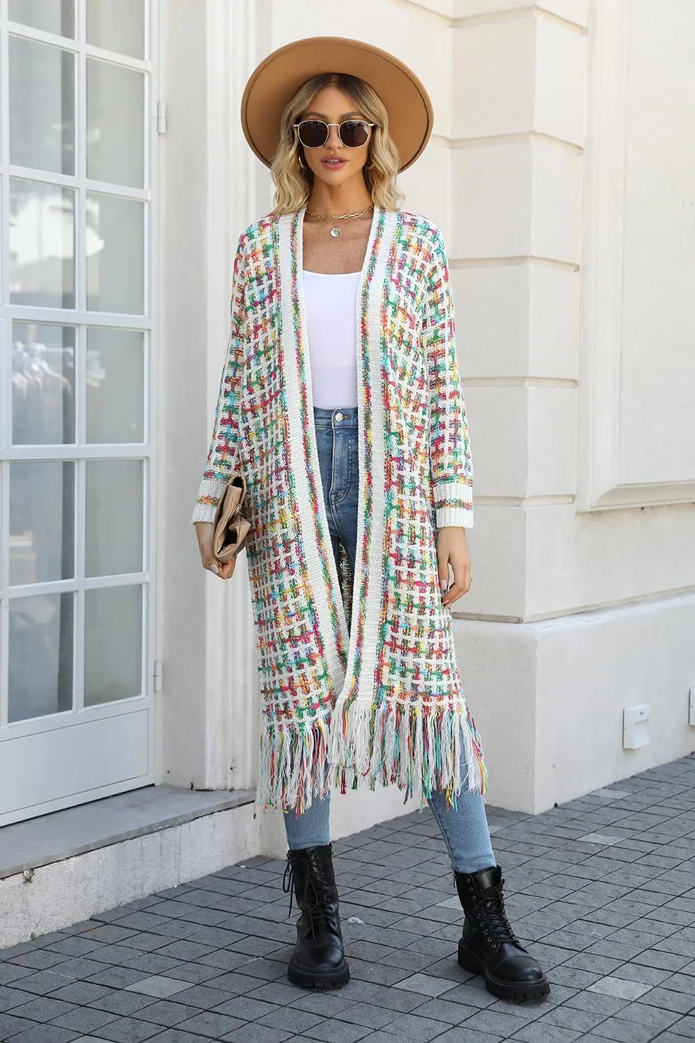 CXINS Women Boho Long Cardigan Sweater Long Sleeve Open Front Fringe Tassel Hem Colorful Rainbow Knit Maxi Sweaters Coat