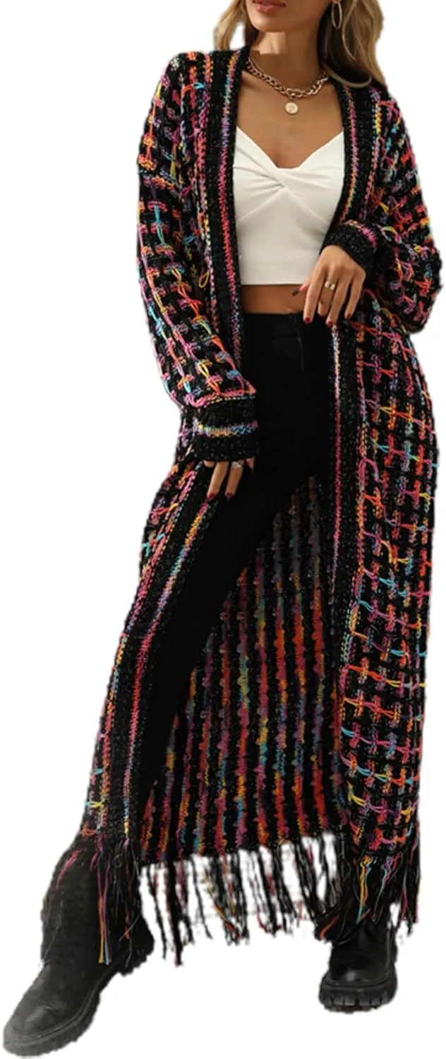 CXINS Women Boho Long Cardigan Sweater Long Sleeve Open Front Fringe Tassel Hem Colorful Rainbow Knit Maxi Sweaters Coat