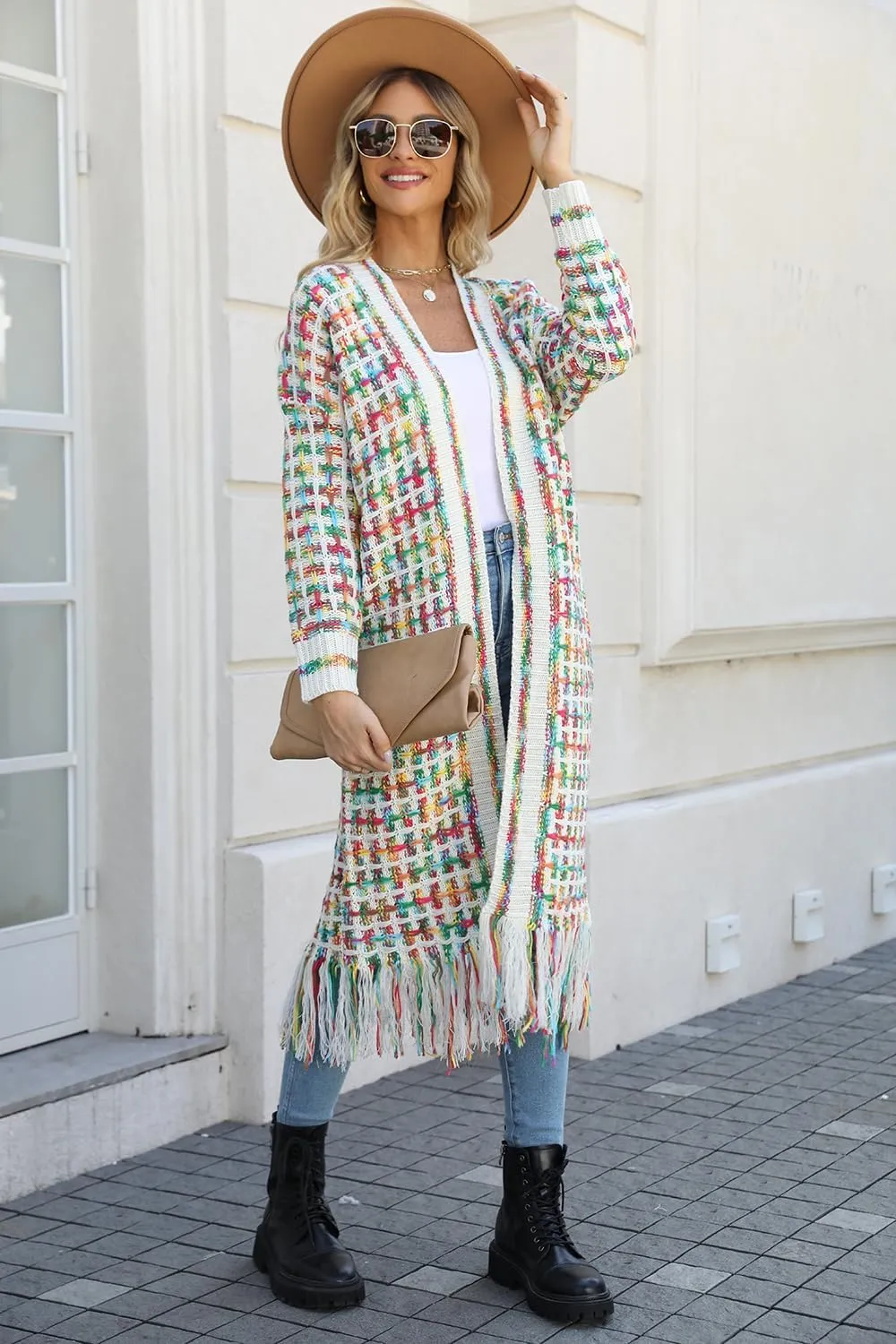 CXINS Women Boho Long Cardigan Sweater Long Sleeve Open Front Fringe Tassel Hem Colorful Rainbow Knit Maxi Sweaters Coat