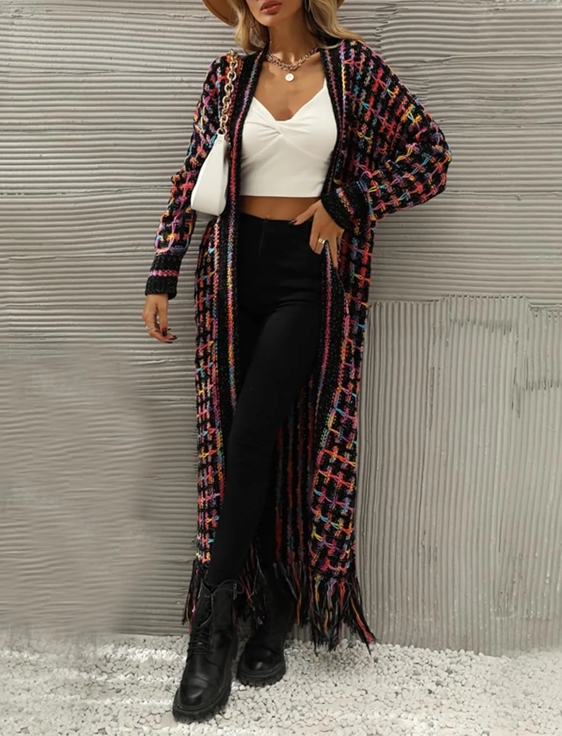 CXINS Women Boho Long Cardigan Sweater Long Sleeve Open Front Fringe Tassel Hem Colorful Rainbow Knit Maxi Sweaters Coat