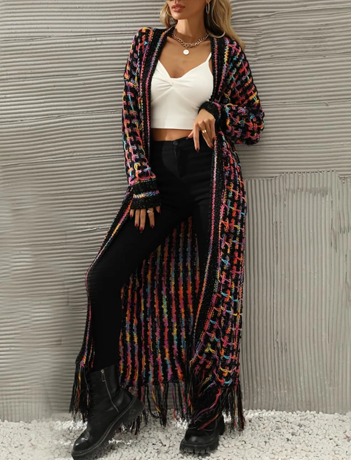 CXINS Women Boho Long Cardigan Sweater Long Sleeve Open Front Fringe Tassel Hem Colorful Rainbow Knit Maxi Sweaters Coat