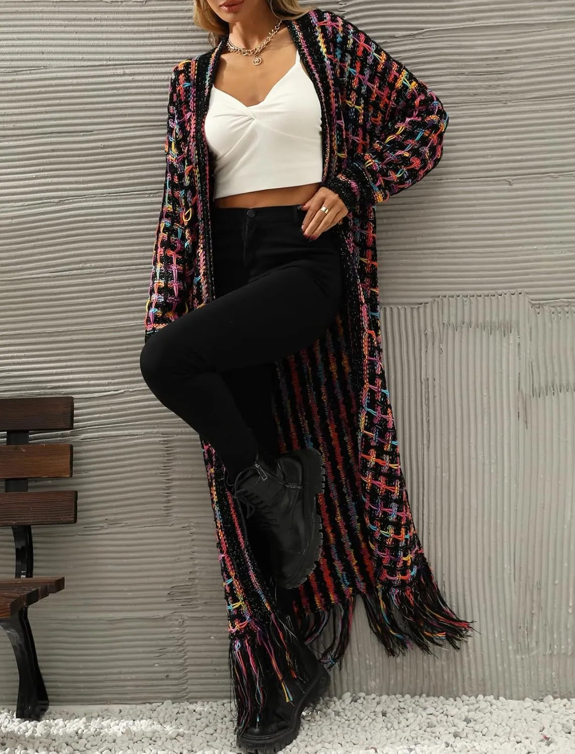 CXINS Women Boho Long Cardigan Sweater Long Sleeve Open Front Fringe Tassel Hem Colorful Rainbow Knit Maxi Sweaters Coat