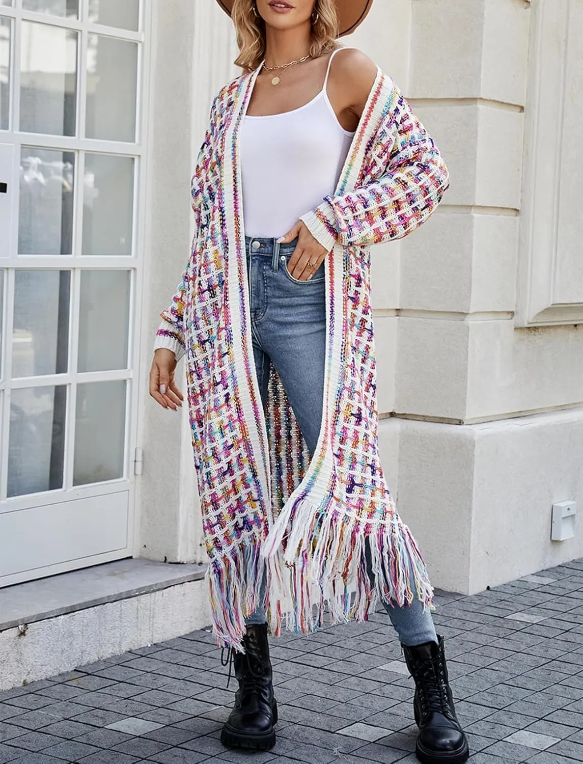 CXINS Women Boho Long Cardigan Sweater Long Sleeve Open Front Fringe Tassel Hem Colorful Rainbow Knit Maxi Sweaters Coat