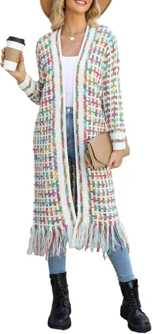 CXINS Women Boho Long Cardigan Sweater Long Sleeve Open Front Fringe Tassel Hem Colorful Rainbow Knit Maxi Sweaters Coat