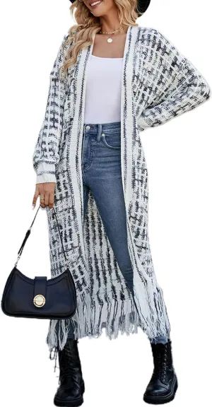 CXINS Women Boho Long Cardigan Sweater Long Sleeve Open Front Fringe Tassel Hem Colorful Rainbow Knit Maxi Sweaters Coat