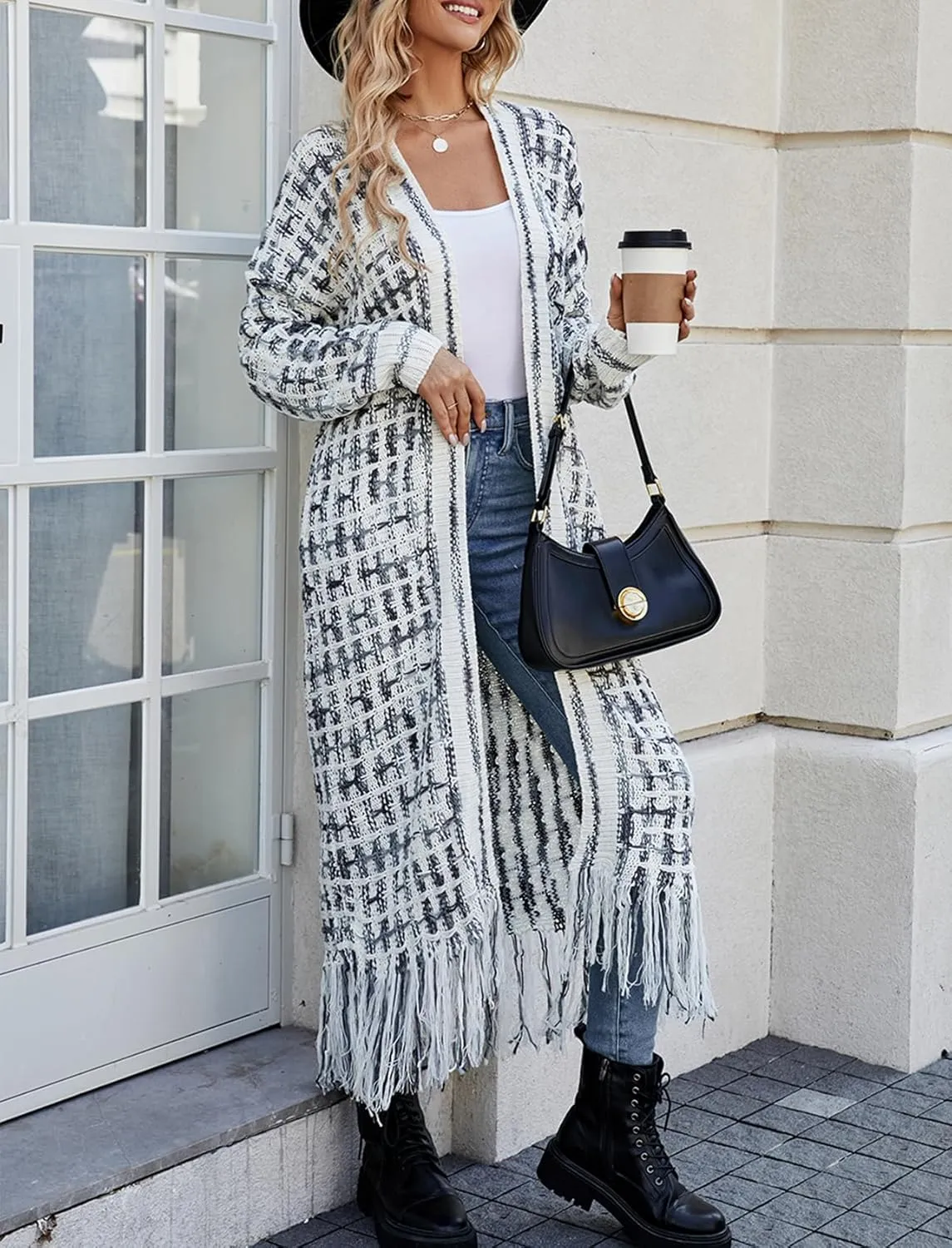CXINS Women Boho Long Cardigan Sweater Long Sleeve Open Front Fringe Tassel Hem Colorful Rainbow Knit Maxi Sweaters Coat