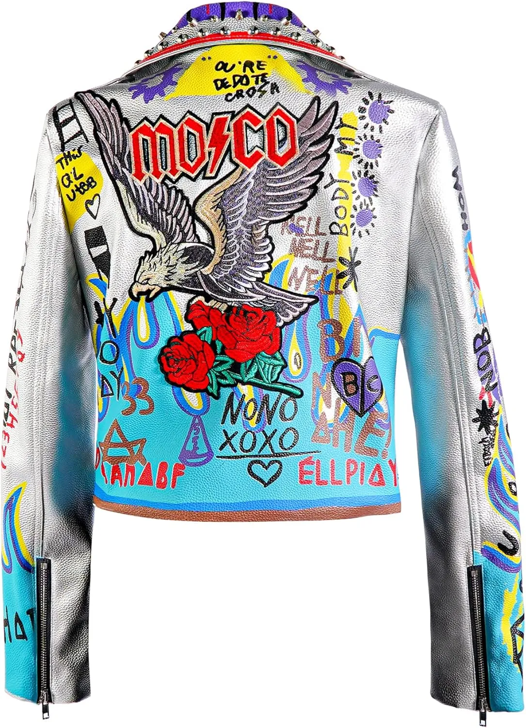 DARKSHE Women's Faux Leather PU Jacket, Graffiti Studded Rivet Punk Biker Moto Fashion Coat with Long Sleeve