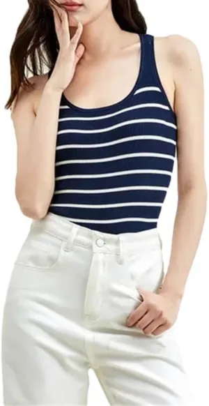 DBFBDTU Camisole Tops for Women Women's Striped Knitted Vest Round Neck Sleeveless Contrast Camisole Tank Tops