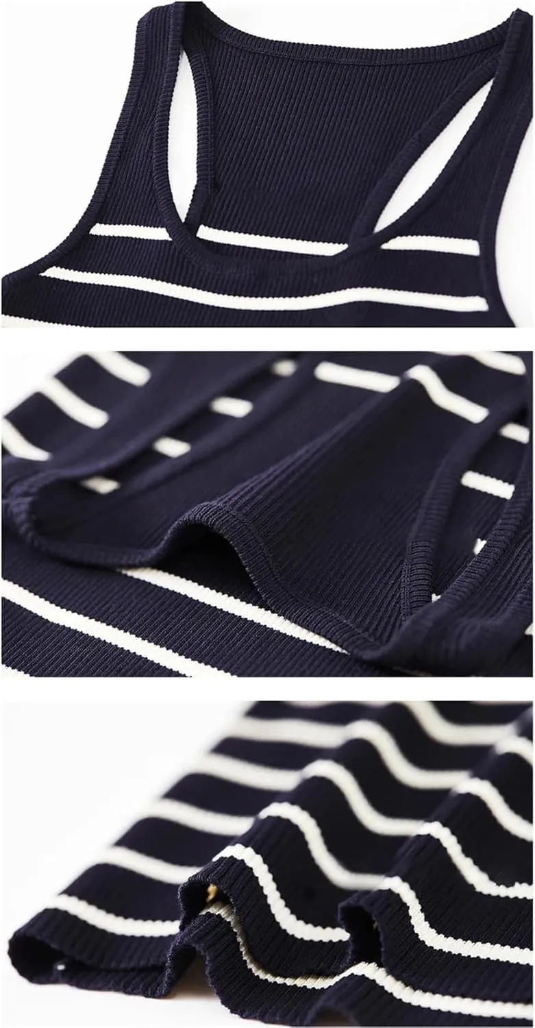 DBFBDTU Camisole Tops for Women Women's Striped Knitted Vest Round Neck Sleeveless Contrast Camisole Tank Tops