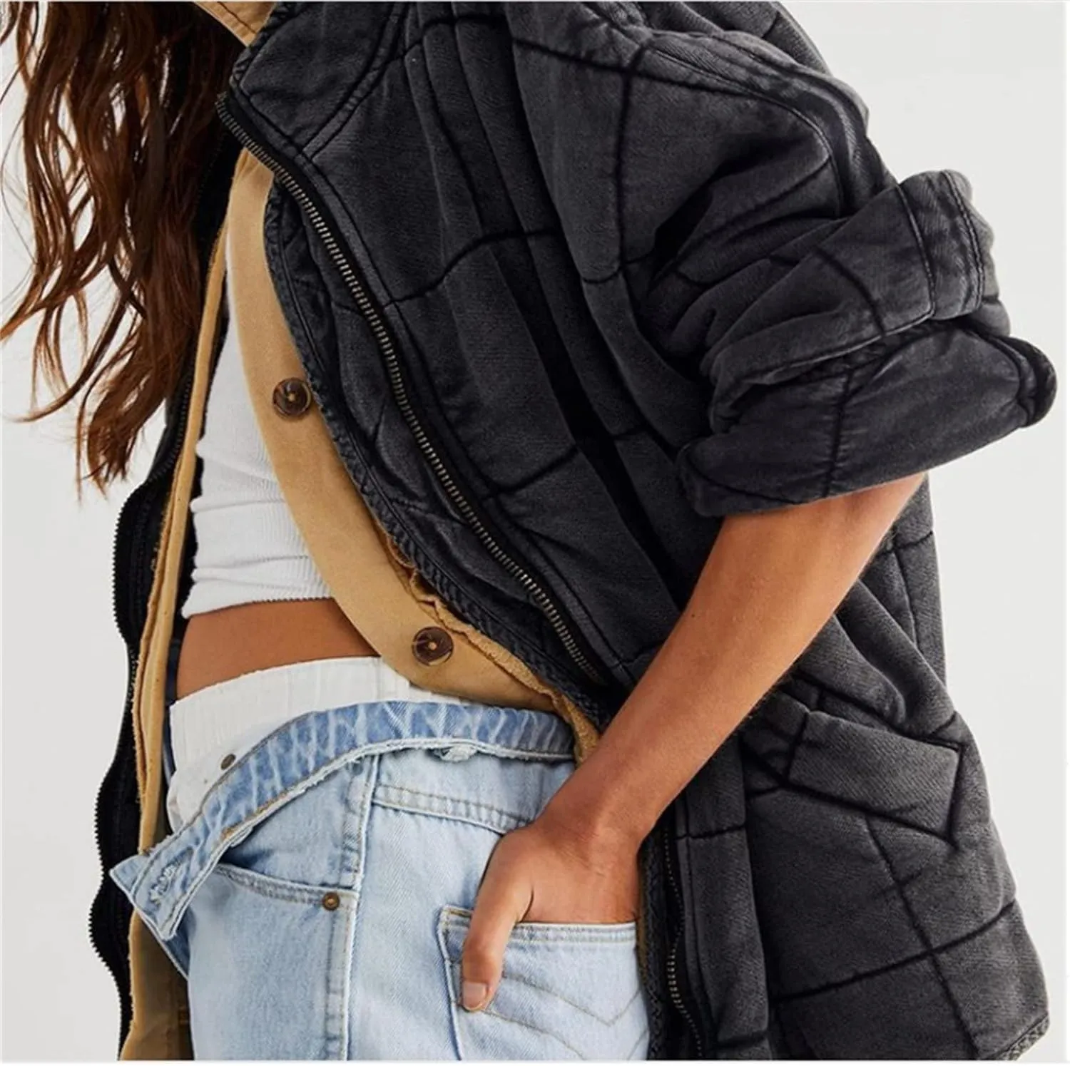 DGHM-JLMY Women's Loose Pocket Stand Collar Knitted Cotton Coat Winter Puffer Coat Open Front Cardigan Cotton-Padded