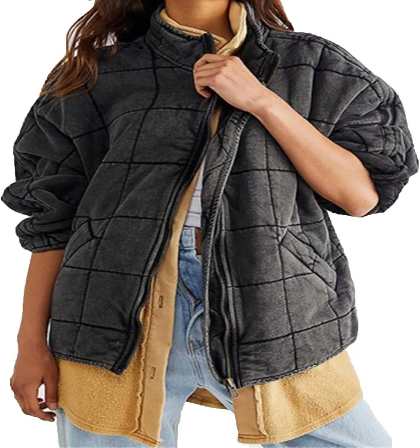 DGHM-JLMY Women's Loose Pocket Stand Collar Knitted Cotton Coat Winter Puffer Coat Open Front Cardigan Cotton-Padded