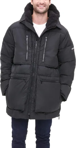 DKNY Men's Ultra Loft Full Length Quilted Parka with Sherpa Lined Hood