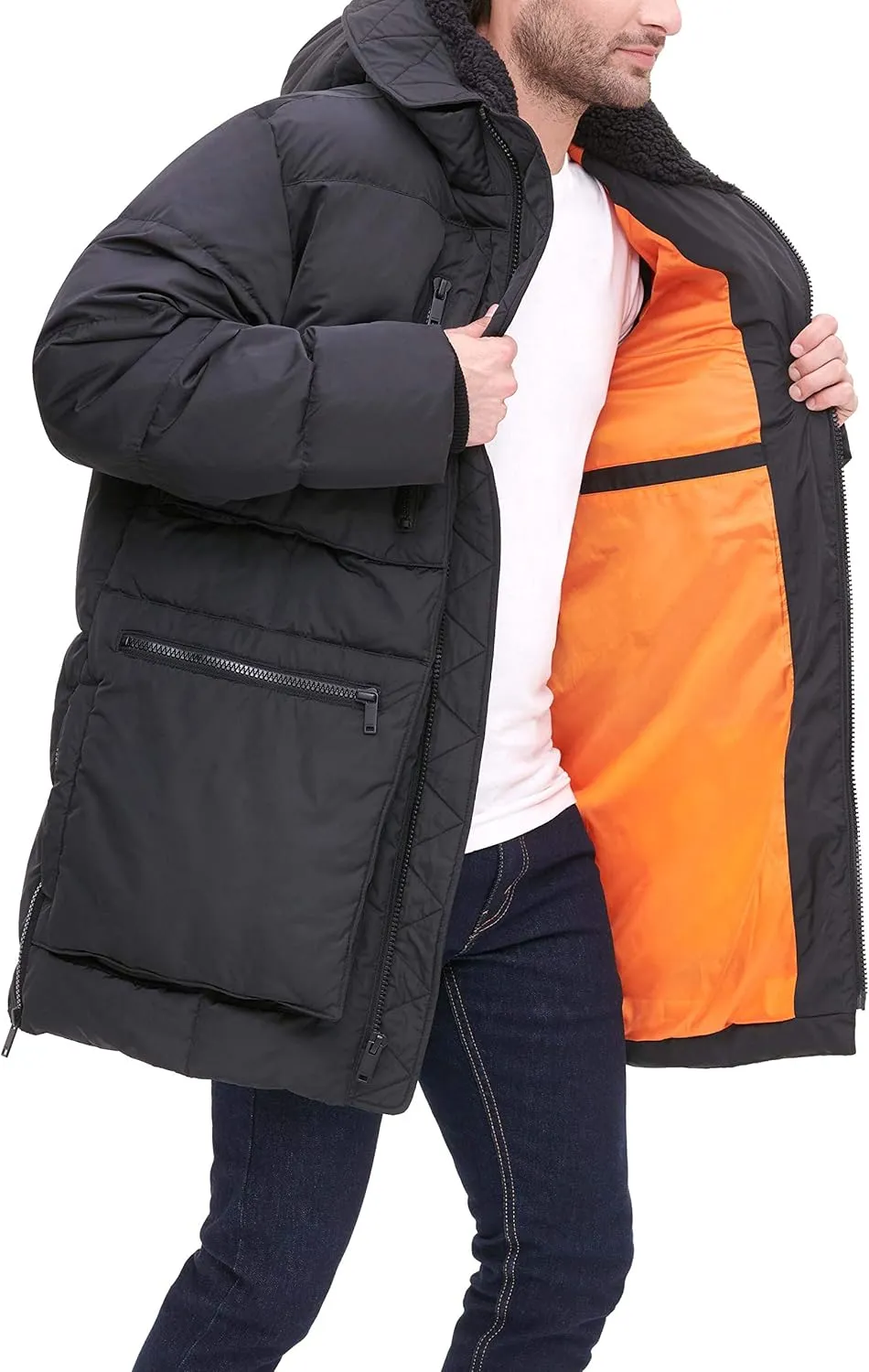 DKNY Men's Ultra Loft Full Length Quilted Parka with Sherpa Lined Hood