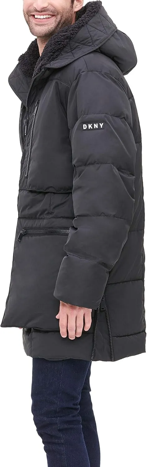DKNY Men's Ultra Loft Full Length Quilted Parka with Sherpa Lined Hood