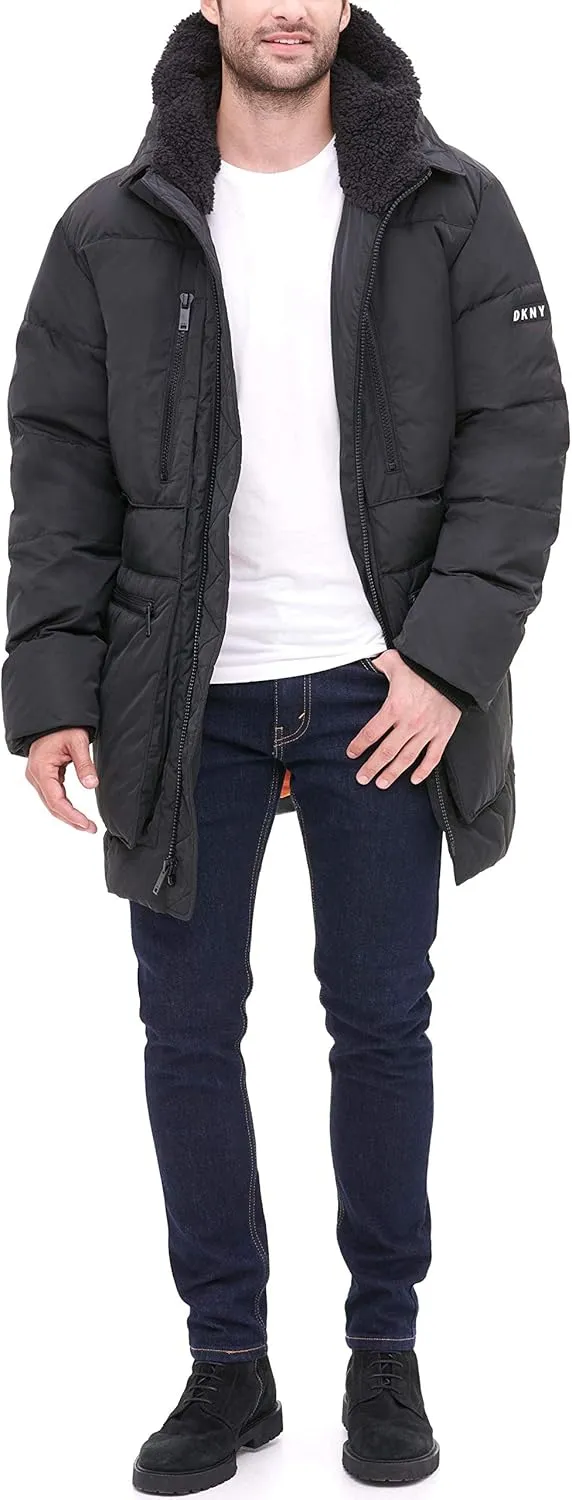 DKNY Men's Ultra Loft Full Length Quilted Parka with Sherpa Lined Hood