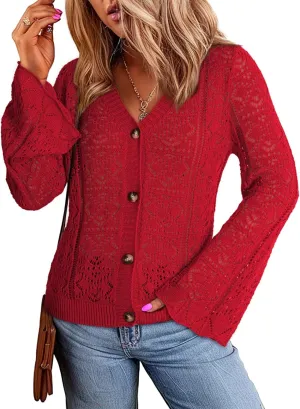 Dokotoo Cardigan Sweaters for Women Long Sleeve Shirts Lightweight Cardigan Button Down Crochet Tops Spring Outfits 2025