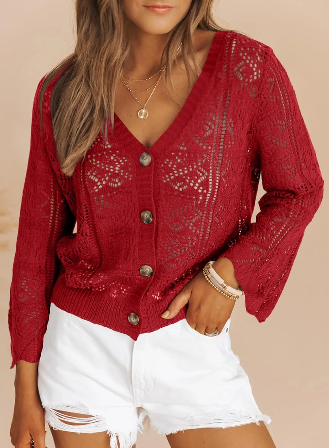 Dokotoo Cardigan Sweaters for Women Long Sleeve Shirts Lightweight Cardigan Button Down Crochet Tops Spring Outfits 2025