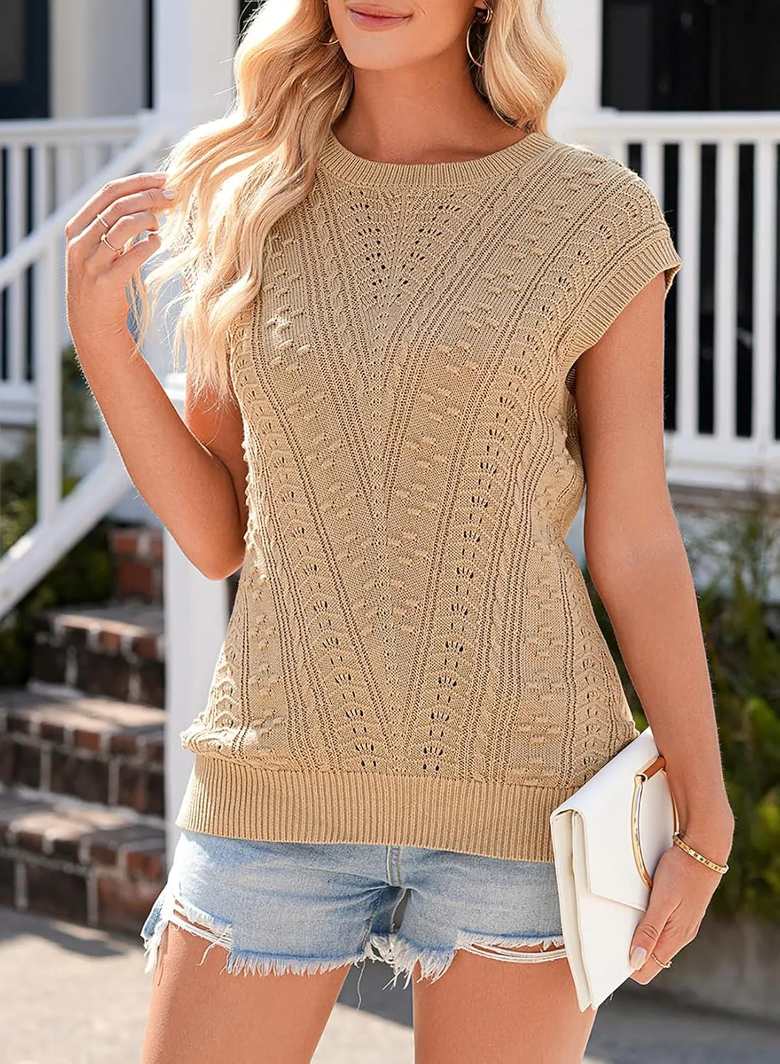 Dokotoo Sweater Vest Women Cap Sleeve Summer Tops Crew Neck Casual V-Pattern Pullover Sweaters Tank Top Loose Fit