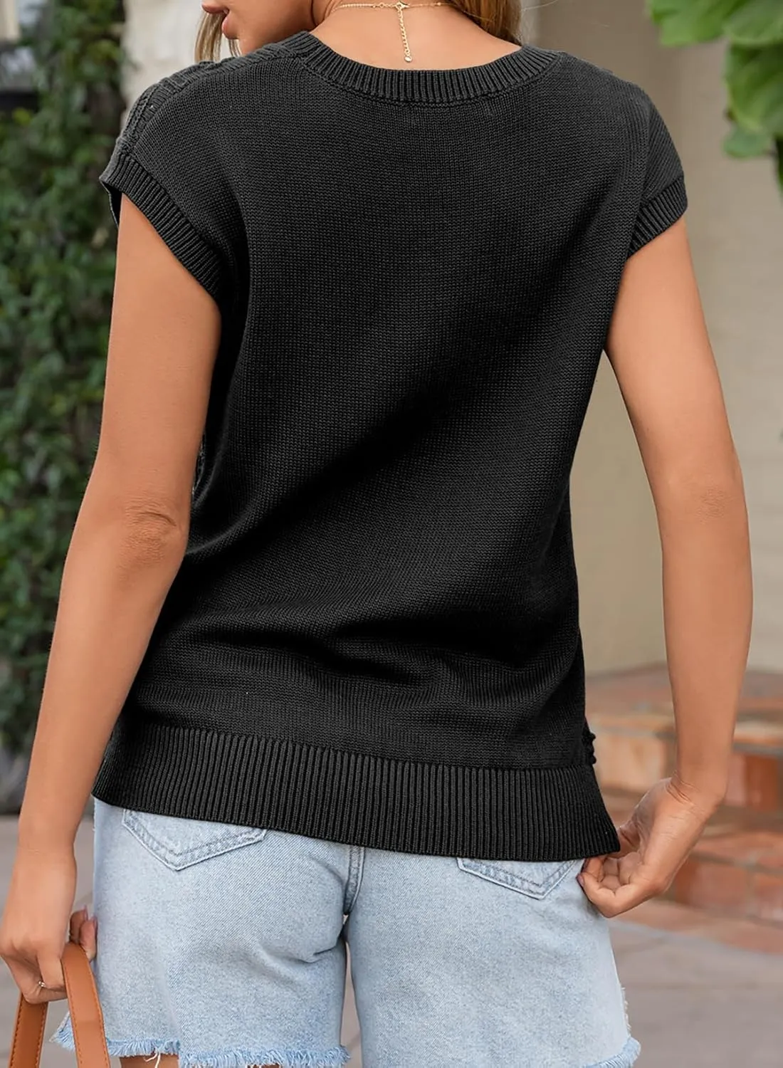Dokotoo Sweater Vest Women Cap Sleeve Summer Tops Crew Neck Casual V-Pattern Pullover Sweaters Tank Top Loose Fit