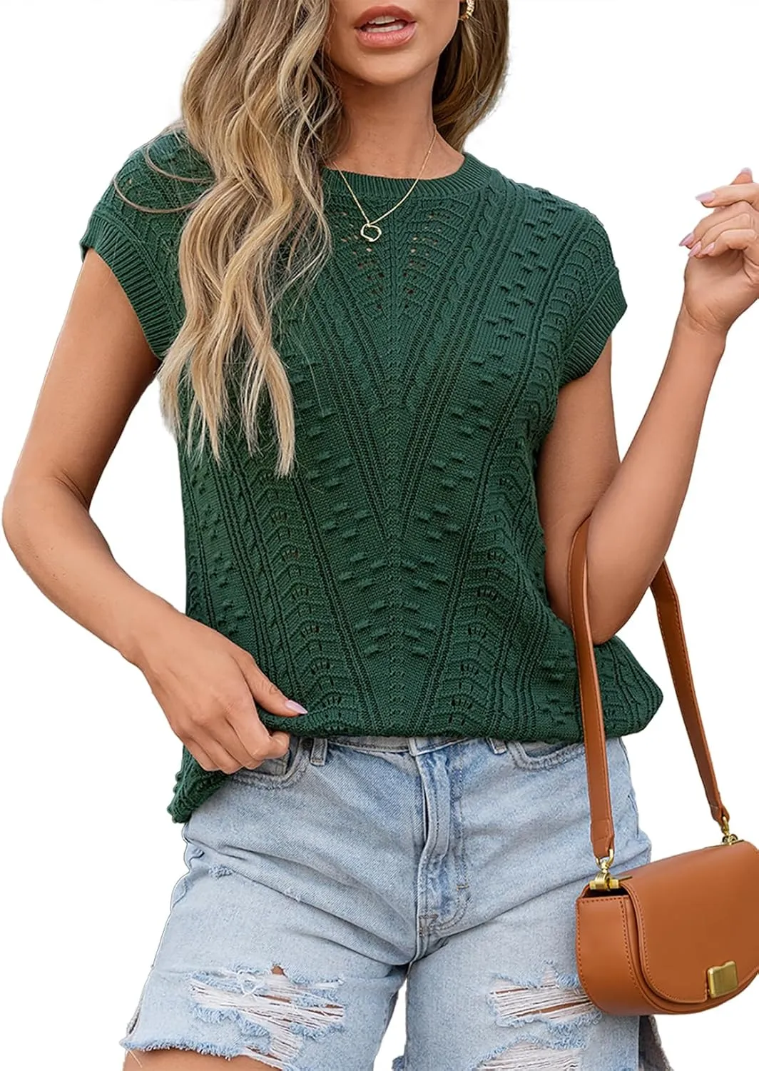 Dokotoo Sweater Vest Women Cap Sleeve Summer Tops Crew Neck Casual V-Pattern Pullover Sweaters Tank Top Loose Fit