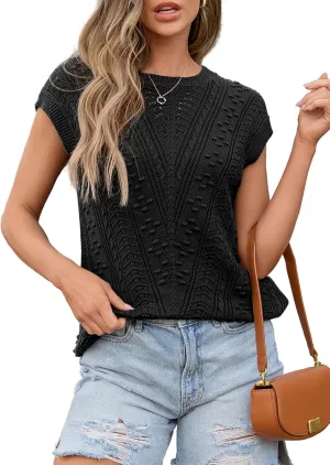 Dokotoo Sweater Vest Women Cap Sleeve Summer Tops Crew Neck Casual V-Pattern Pullover Sweaters Tank Top Loose Fit