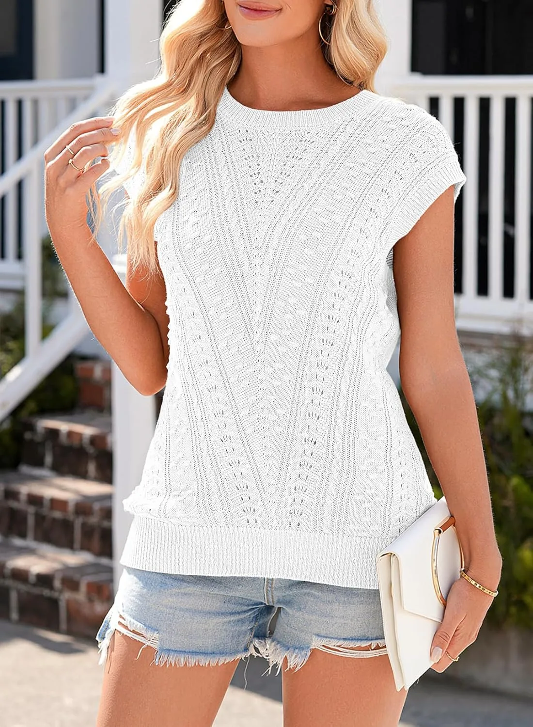 Dokotoo Sweater Vest Women Cap Sleeve Summer Tops Crew Neck Casual V-Pattern Pullover Sweaters Tank Top Loose Fit