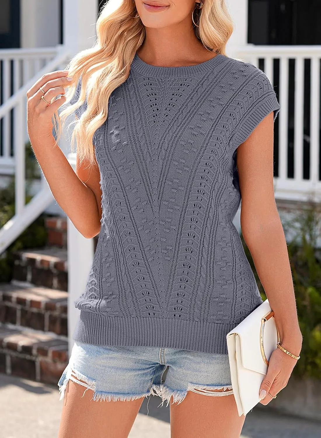 Dokotoo Sweater Vest Women Cap Sleeve Summer Tops Crew Neck Casual V-Pattern Pullover Sweaters Tank Top Loose Fit