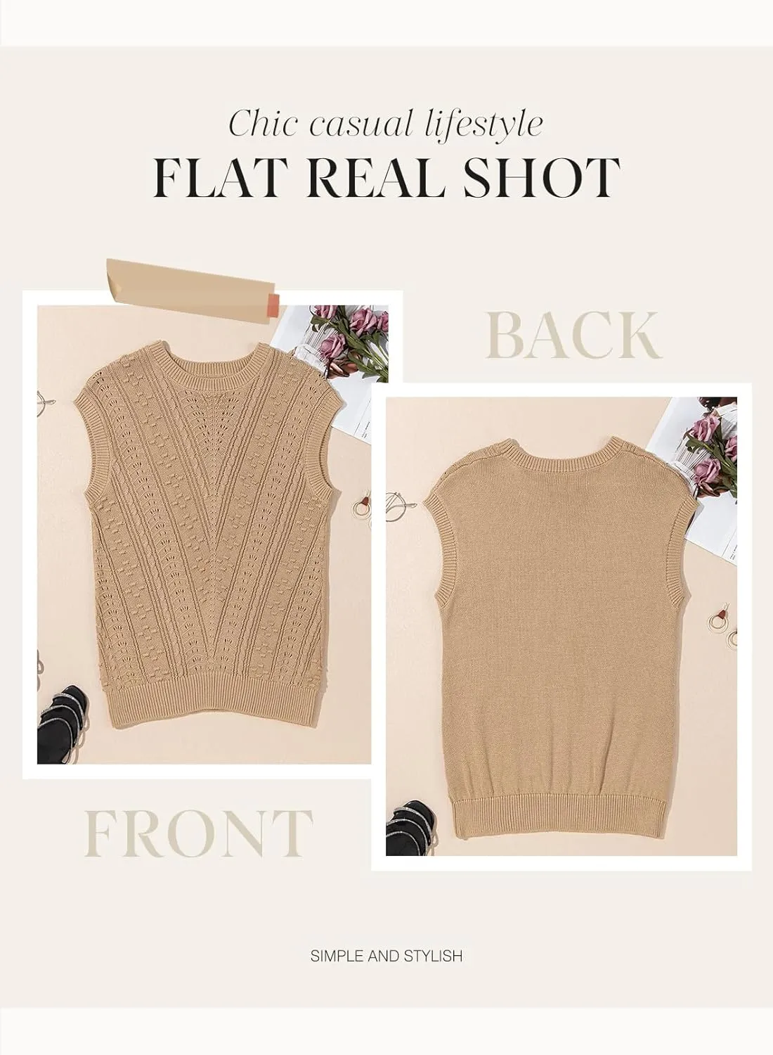 Dokotoo Sweater Vest Women Cap Sleeve Summer Tops Crew Neck Casual V-Pattern Pullover Sweaters Tank Top Loose Fit