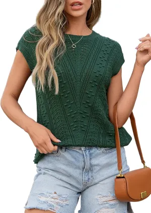 Dokotoo Sweater Vest Women Cap Sleeve Summer Tops Crew Neck Casual V-Pattern Pullover Sweaters Tank Top Loose Fit