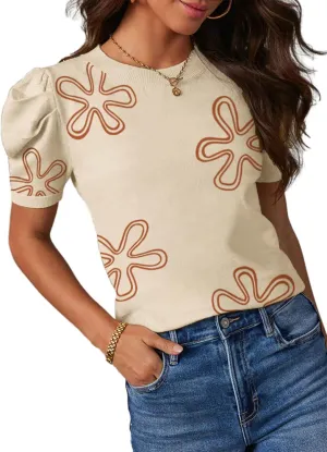 Dokotoo Women's Short Puff Sleeve Knit Tops 2025 Trendy Crewneck Striped T Shirts Casual Summer Blouses