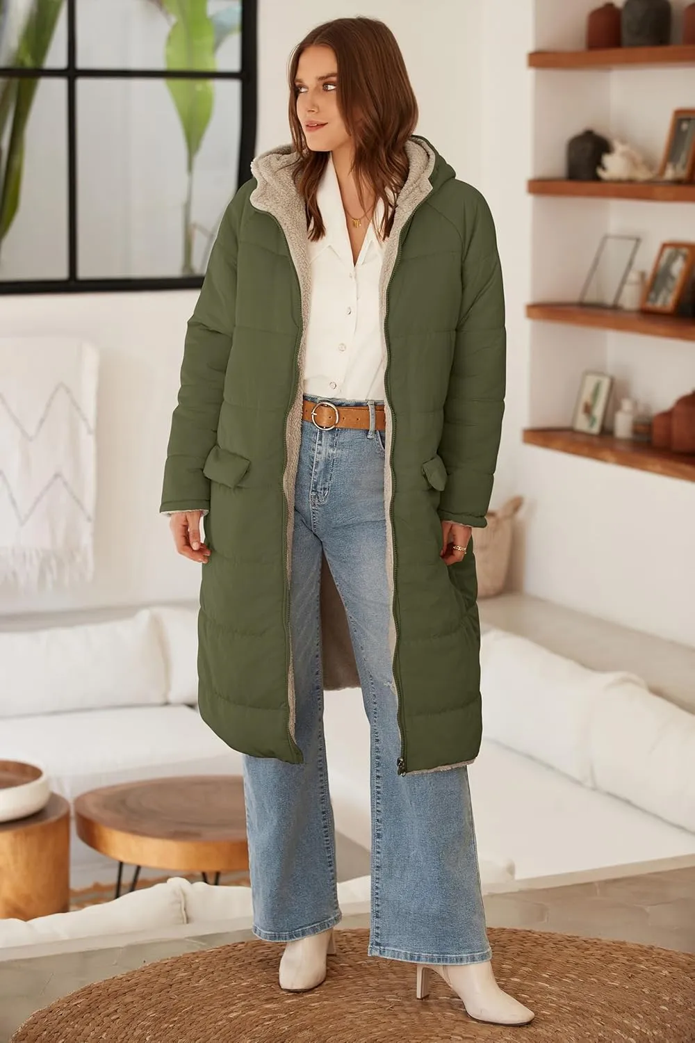 ECOWISH Women Winter Puffer Jacket - Reversible Fur Fleece Lined Hood Zip Sherpa Coat Parka Padded Long Outerwear