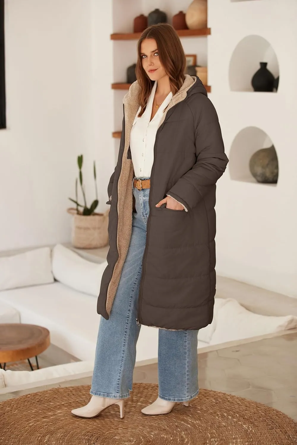ECOWISH Women Winter Puffer Jacket - Reversible Fur Fleece Lined Hood Zip Sherpa Coat Parka Padded Long Outerwear