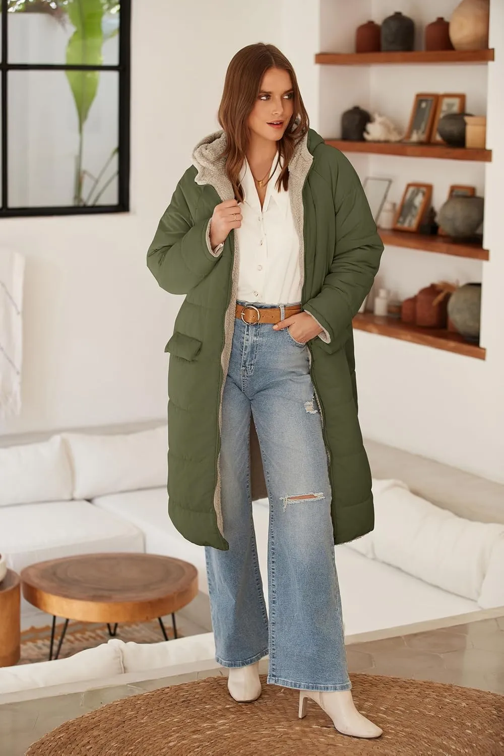 ECOWISH Women Winter Puffer Jacket - Reversible Fur Fleece Lined Hood Zip Sherpa Coat Parka Padded Long Outerwear