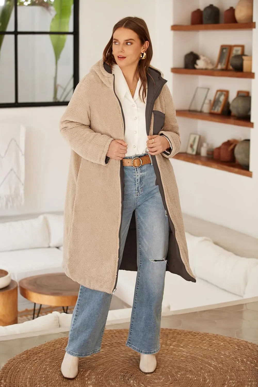 ECOWISH Women Winter Puffer Jacket - Reversible Fur Fleece Lined Hood Zip Sherpa Coat Parka Padded Long Outerwear